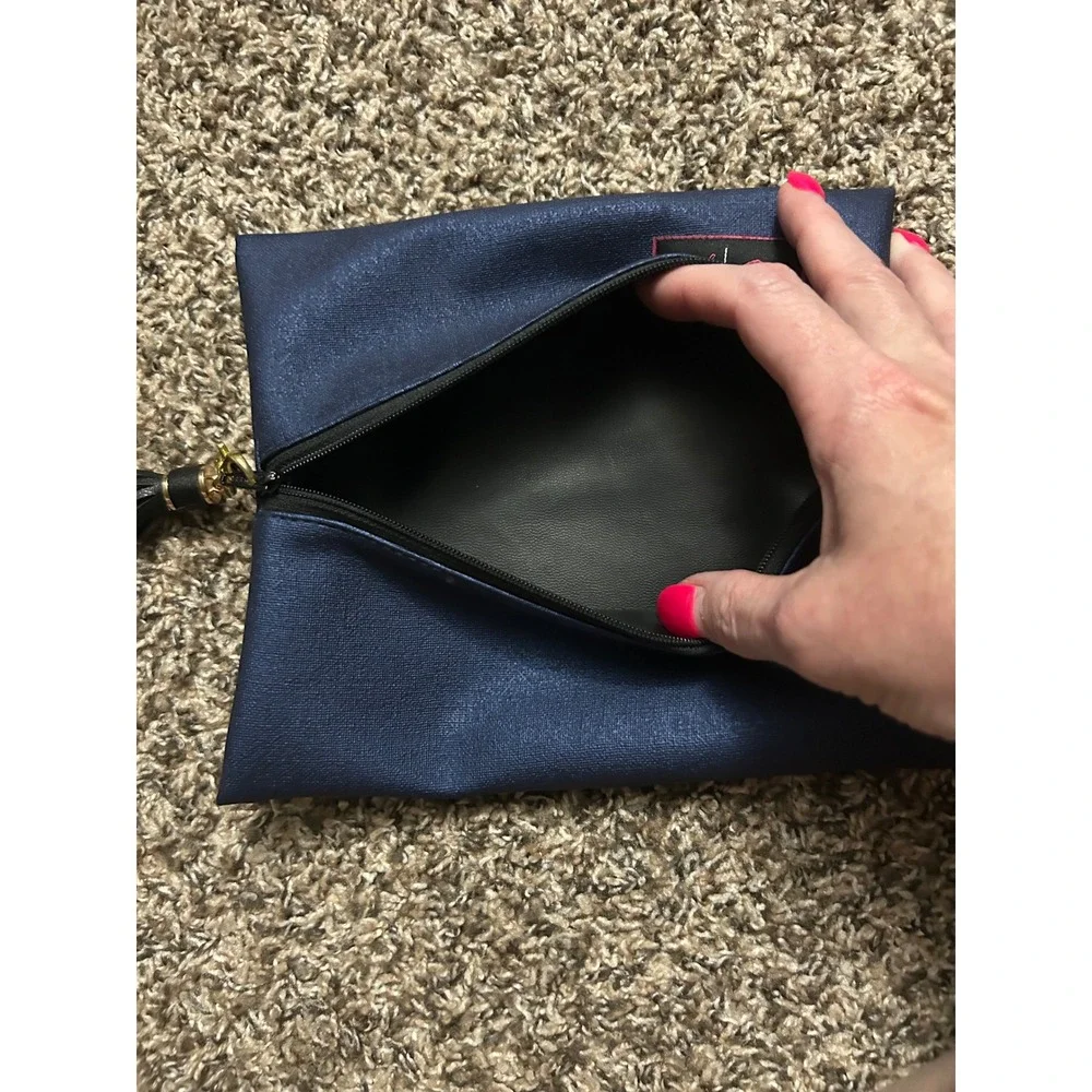Makeup Junkie Bags Navy Blue Shimmer Cosmetic Pouch Tassel Zipper Small Travel
